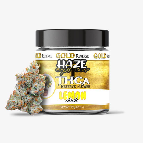 haze exotics gold reserve thc-a flower lemon dock 3.5 gram jar