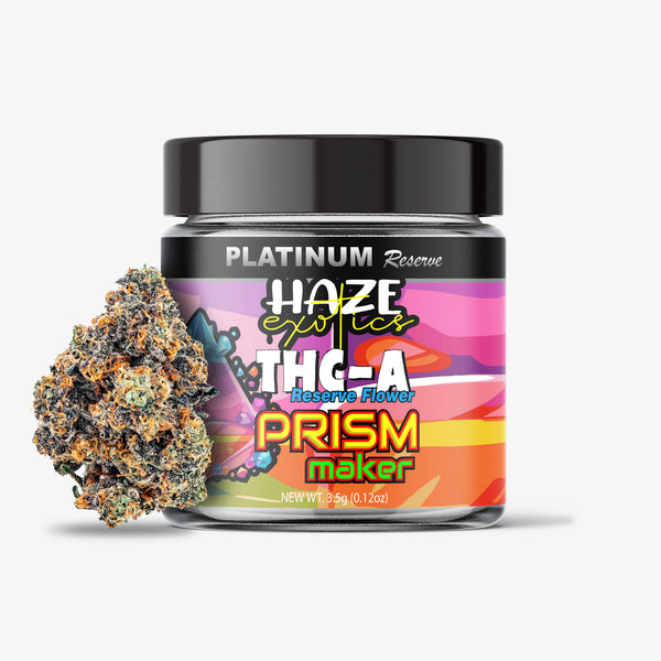 Jar of 'Platinum Reserve Haze Exotics THC-A Prism Maker' with cannabis flower on a white background