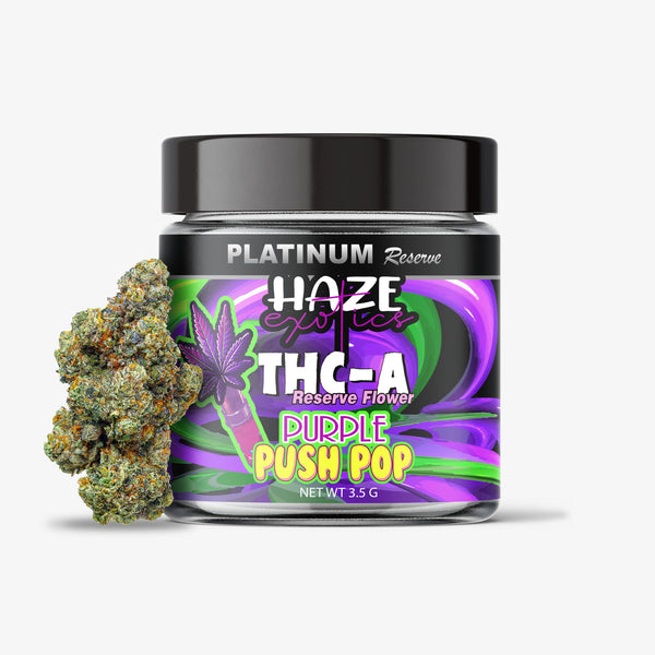 haze exotics platinum reserve thc-a flower purple push pop 3.5 gram jar