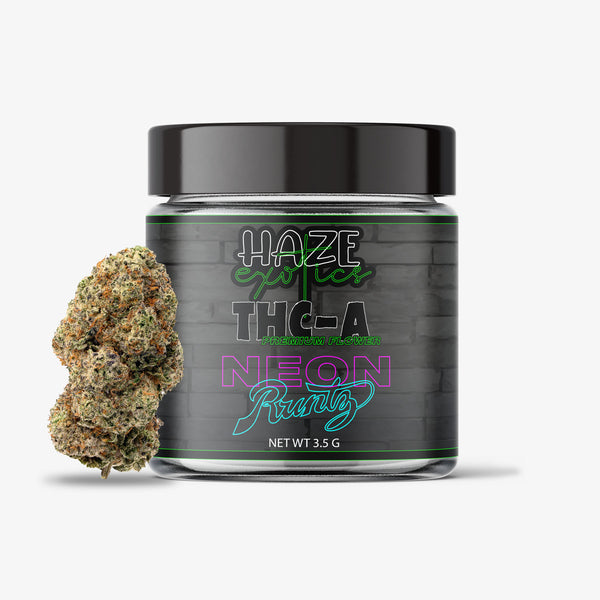 haze exotics thc-a flower neon runtz 3.5 gram jar